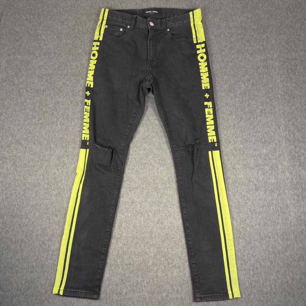 Homme + Femme Jeans Mens 32x32 Black Skinny Slim Distressed Stripe Logo Denim